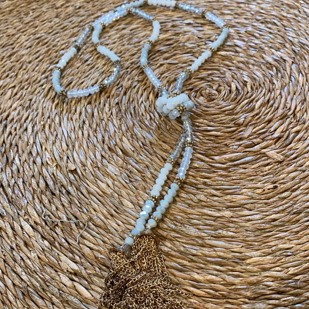 Beaded necklace, gold and white
